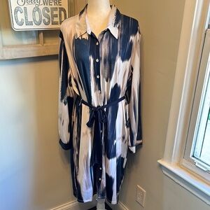 Lularoe Ellie Long Sleeve Button Down Tie Waist Midi Dress Blue Gray Cream NWT